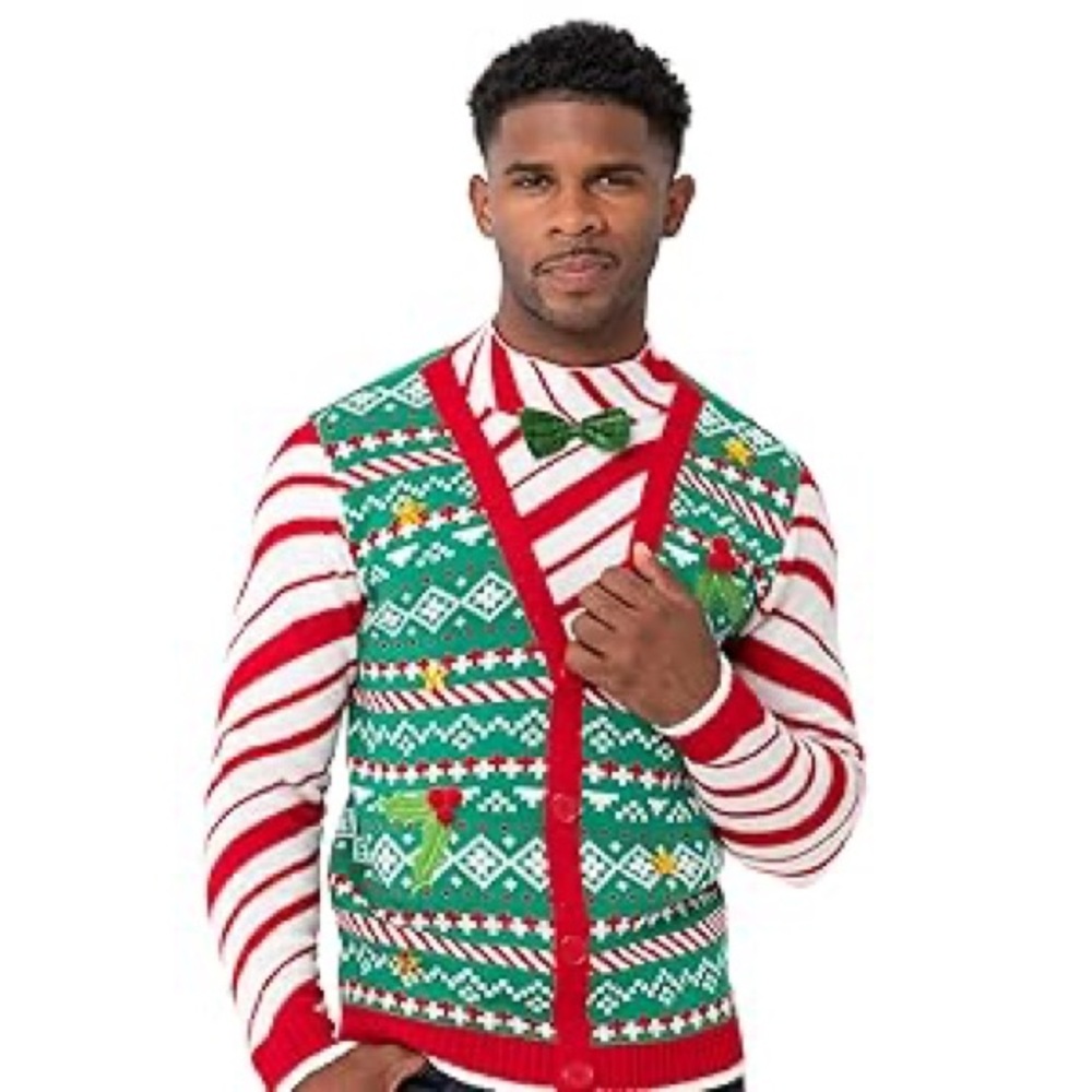 Blizzard Bay Men's Christmas ugly sweater candy cane stripe pattern w bow tie